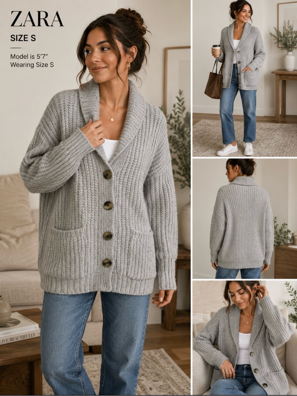 Zara Gray Chunky Knit Cardigan Sweater Shawl Collar Pockets Size S